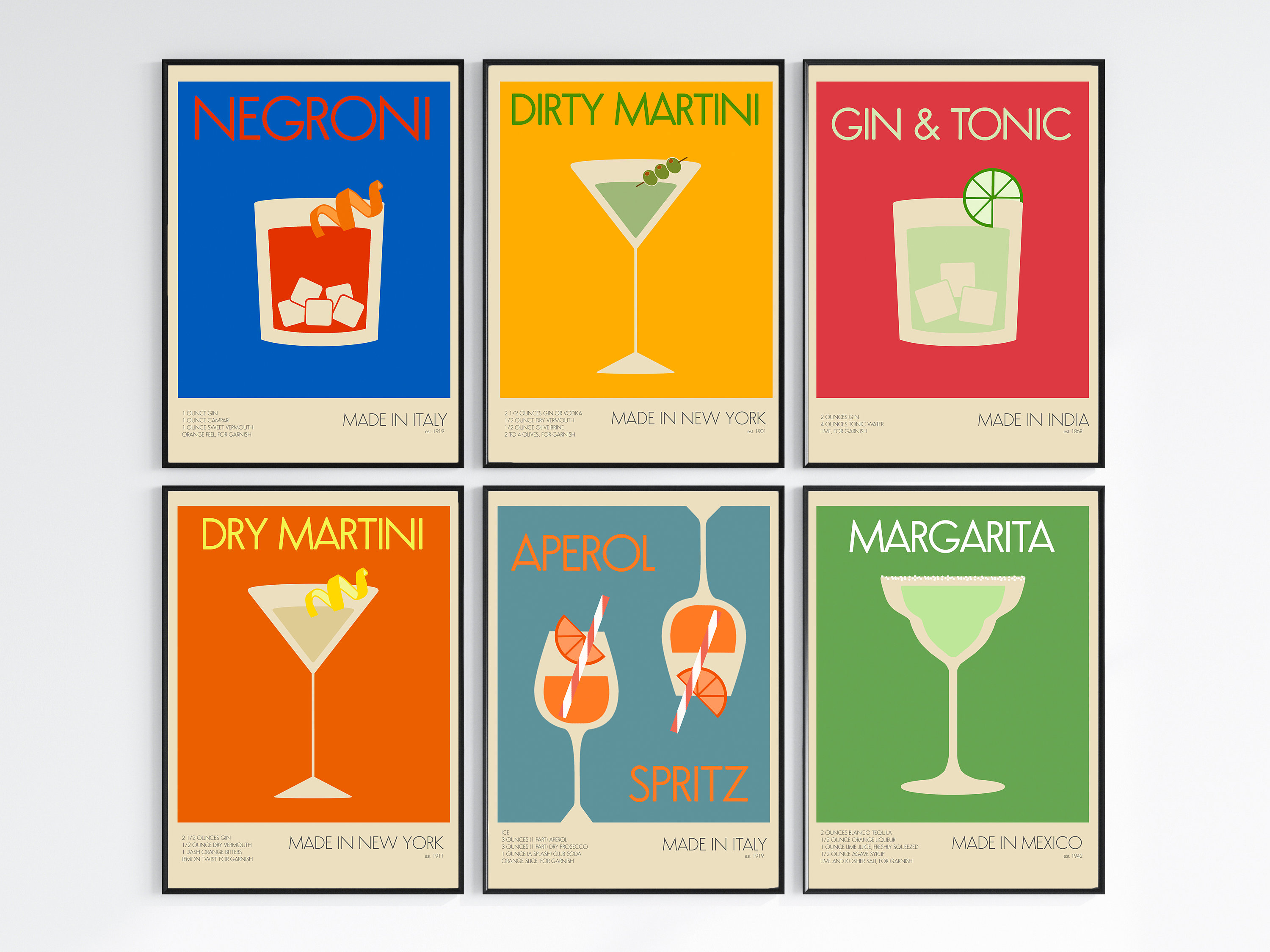 6 Cocktails Printable Posters, Retro Drink Posters, Kitchen Downloads