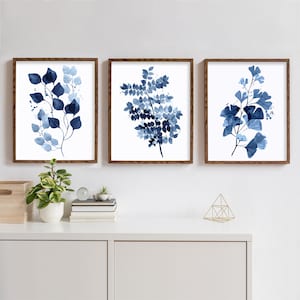 Set of 3 Prints Digital Download, Watercolor Botanical Print, Ink Blue Prints,Printable Wall Art, Instant Download Print,Minimalist Wall Art