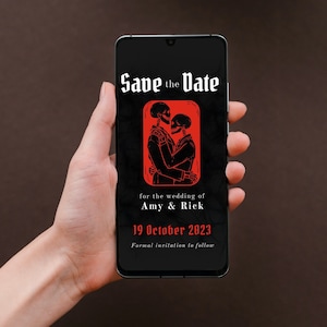 Personalised Custom Digital Save The Date Black Red Gothic Emo Wedding Invitation Invite Card