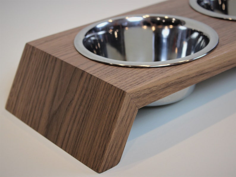 Modern Hardwood Pet Food Stand With Stainless Steel Dishes Included. Perfect for Cats and Small