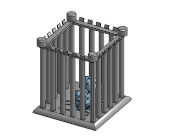 May include: A gray, cage-like structure with vertical bars and a square top. The cage has rounded corner posts and a base. Inside the cage are several blue, multi-sided objects. The background is white.