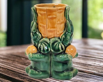 Majolica Elephants Vase Ceramic Orange & Green
