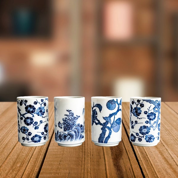 Mid Century Japanese Cups Blue White Tea Sake Set of 4