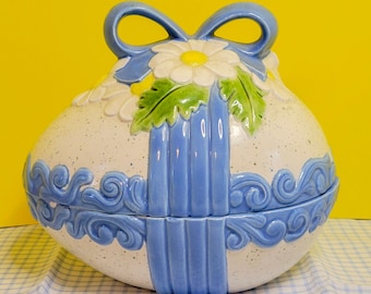 Porcelain Easter Egg Shaped Floral Candy Bowl | White and Blue Floral Bowl