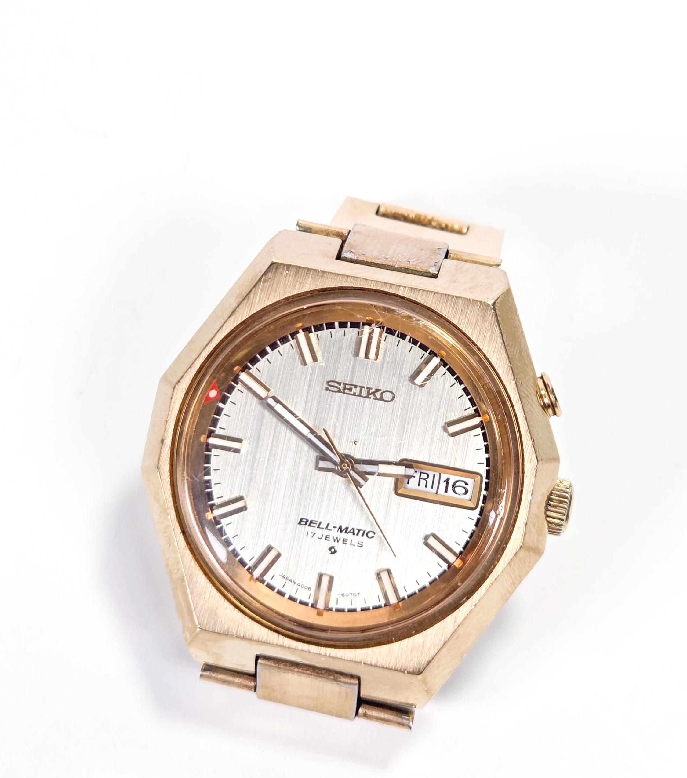 ニシムSEIKO BELL MATIC ベルマチック　金文字盤　70年代 Seiko Bell-matic Men's Watch Hexagon Bevel Automatic 17 Jewel Gold