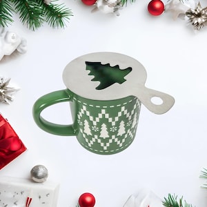 Christmas Latte Art Stencil – Reusable Metal with Mug | Holiday Gift Idea