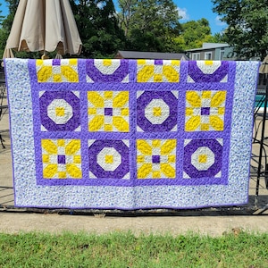 Handmade Quilt Hexagon Pattern Yellow and Purple (Size 60&quot;x50&quot;) | Bedding Quilt
