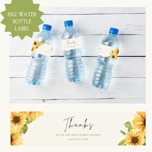 Puede incluir: Ocho etiquetas para botellas de agua con un diseño de girasol. Las etiquetas dicen "Gracias" Olivia y David's Baby Shower 30 de junio de 2023.