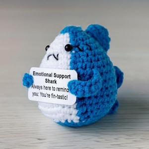 Positive Shark Crochet Plush, Cute Motivational Gift, Handmade Encouragement Decor, Desk Accessories, Uplifting Gift for Friends & Family