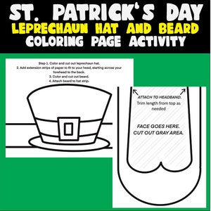 Peut inclure: Page de coloriage imprimable en noir et blanc représentant un chapeau et une barbe de lutin. Le chapeau a un trèfle vert sur le devant. Des instructions pour colorier et découper le chapeau et la barbe sont incluses.