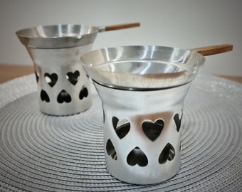 Vintage MCM Mid-century modern Japanese cheese chocolate fondue set with hearts metal 3545 Bloomfield Made in Japan Gift Date night idea