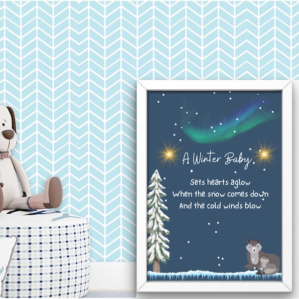 Nursery Art Printable, Winter Baby, Blue, Penguins, Northern Lights, Snow Scene, Baby Shower Gift, Digital