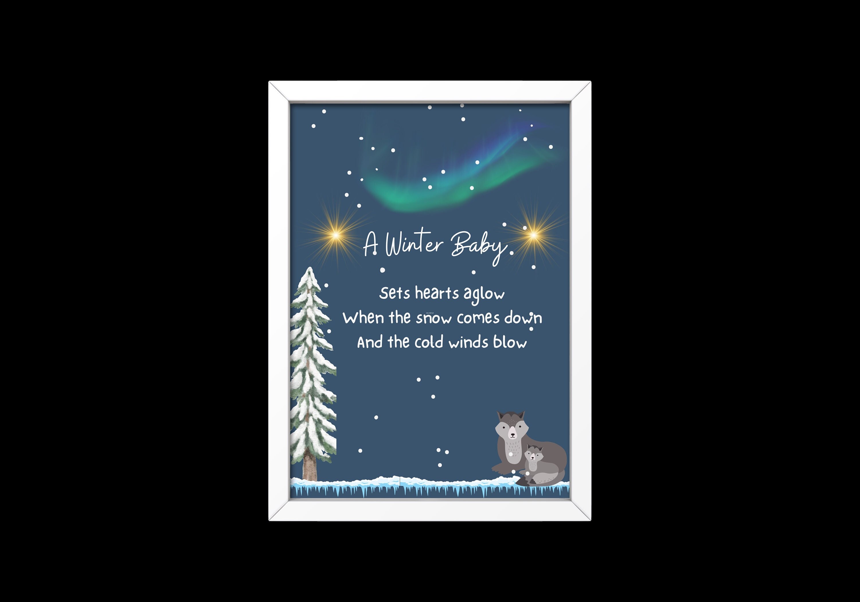 Nursery Art Printable, Winter Baby, Blue, Penguins, Northern Lights
