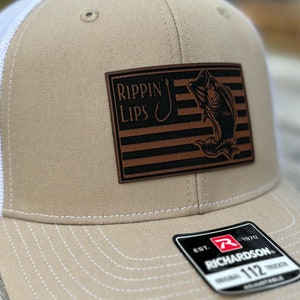 Custom Leatherette Patch Hat - American Flag Bass Fish "Rippin Lips" Khaki/White Richardson 112 Snapback - Veteran-Owned