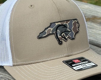 Khaki/White Richardson 112 Leatherette Patch Hat – NC State Cutout, Deer Antlers, Fishing Hook Duck Shape – For Hunting & Fishing Enthusiast