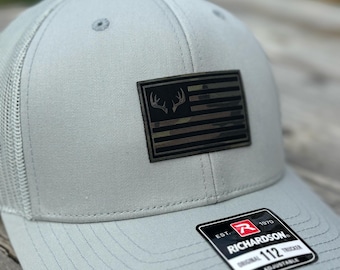 Custom Richardson 112 Hat - American Flag & Deer Antlers on Camo Leatherette Patch - Quarry Solid Color