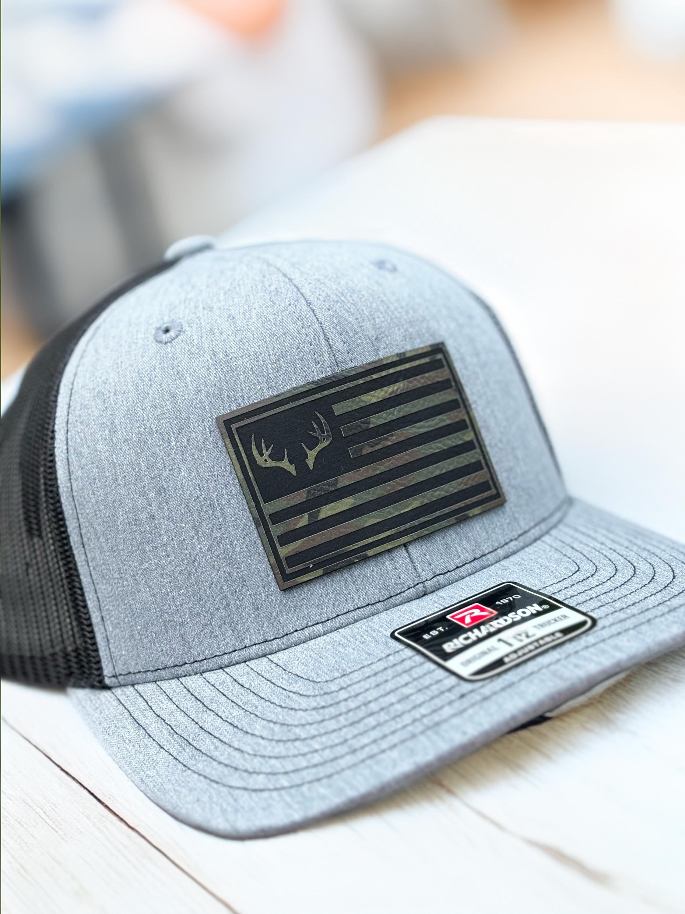 Custom Richardson 112 Hat - American Flag & Deer Antlers on Camo Leatherette Patch -Heather Grey and Black