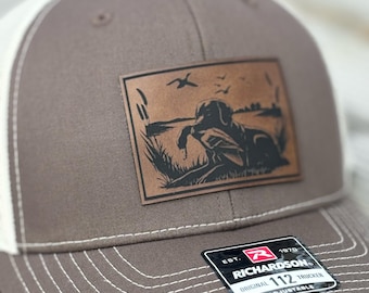 Richardson 112 Leatherette Patch Hat – Duck Hunting Lab with Duck – Customizable Logo Option – Perfect for Hunting Enthusiast