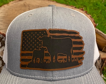 American Farmer Richardson 112, Laser Engraved Leatherette Patch Hat, Leather Patch Snapback Cap, Trucker Hat, Cattle Hat