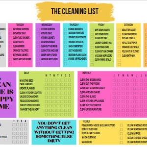 May include: A colorful printable cleaning checklist with a motivational quote "A clean home is a happy home". The checklist is divided into daily, weekly, monthly, quarterly, and yearly tasks. Each task is represented by a checkbox.