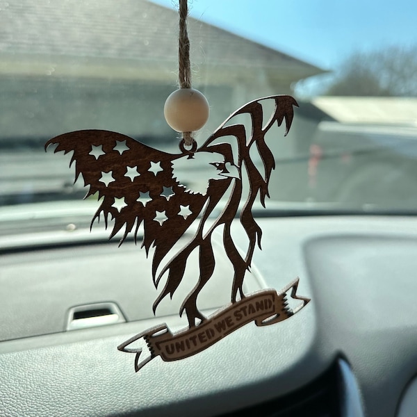 United We Stand Eagle Car Charm / Eagle Rearview Mirror Charm / United We Stand Eagle Wooden Charm / Eagle Wooden Ornament / Eagle Car Charm