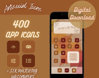 May include: A digital download of 400 app icons and six matching wallpapers in a brown and gold colour scheme. The icons are displayed on a smartphone screen with the text "See Art in All Things" and "Vibes" on the screen.