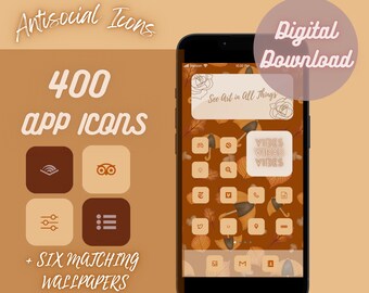 May include: A digital download of 400 app icons in a brown and orange colour scheme with a floral design. The text "See Art in All Things" is displayed on the phone screen. The text "Antisocial Icons" and "Digital Download" are displayed in a pink circle.