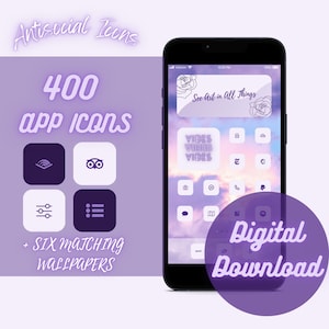 Cute Purple Kawaii IOS 14 Iphone App Icons in 2 Color Options + 6 Aesthetic Iphone Home Screen Backgrounds to Customize your Device