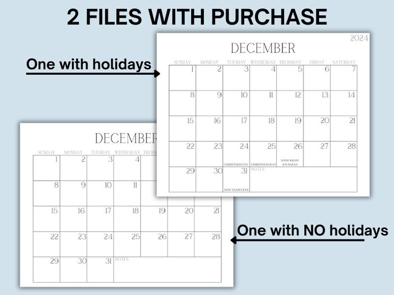 PRINTABLE 2024 CALENDAR With or Without Holidays Printable Calendar