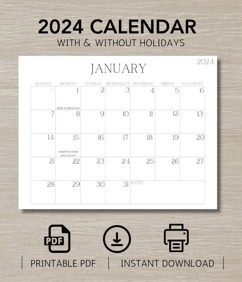 PRINTABLE 2024 CALENDAR With or Without Holidays Printable Calendar