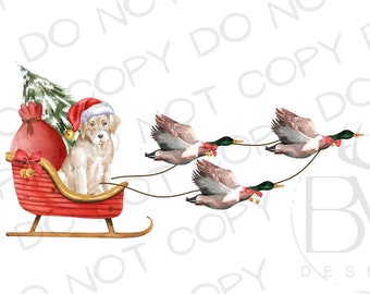 May include: A watercolor illustration of a dog wearing a Santa hat pulling a red sled with a bag of presents. Three ducks are flying behind the sled, each with a red bow around their necks.