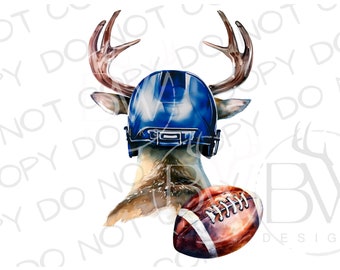 May include: Watercolor illustration of a deer wearing a blue football helmet and holding a football. The deer has large antlers and a spotted coat. The football is brown and white. The image has the text "COPY DO NOT" and "BW DESIGNS".