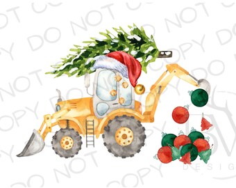 Op de afbeelding: Een geel bouwvoertuig met een kerstboom in de bak en een kerstmanmuts er bovenop. Het voertuig dumpt rode en groene kerstballen.