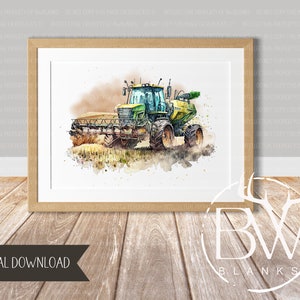 Puede incluir: Una pintura de acuarela de un tractor verde y amarillo en un campo. El tractor est&aacute; conduciendo por un campo de trigo y hay un efecto de acuarela alrededor del tractor.