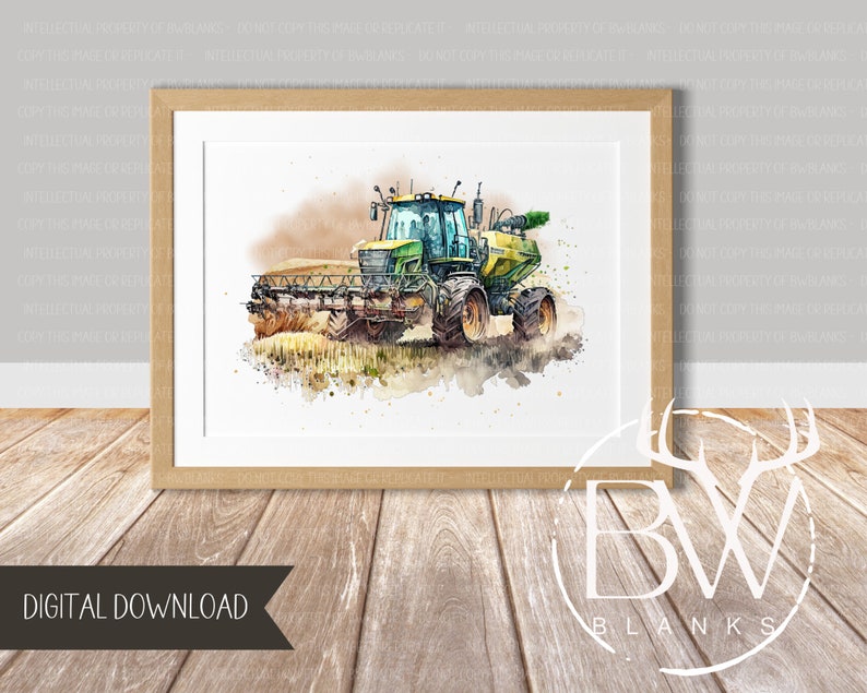Puede incluir: Una pintura de acuarela de un tractor verde y amarillo en un campo. El tractor est&aacute; conduciendo por un campo de trigo y hay un efecto de acuarela alrededor del tractor.