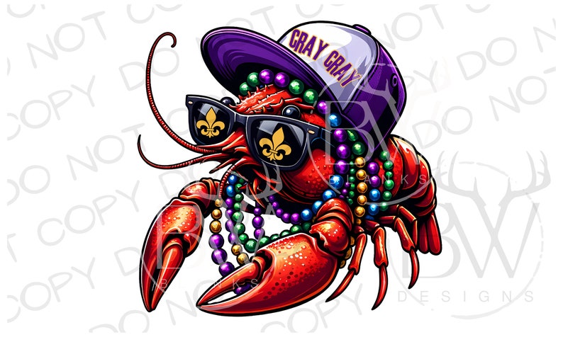 May include: A cartoon illustration of a red crawfish wearing sunglasses, a purple and white baseball cap with the text "GRAY GRAY", and a colorful beaded necklace.