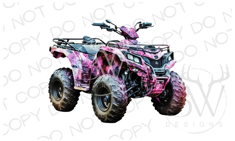 May include: Pink and black camouflage ATV with four wheels. The ATV has a black roll cage and a black seat.