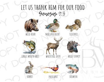 May include: Watercolor illustration featuring various animals and the text "LET US THANK HIM FOR OUR FOOD Genesis 9:3". Animals include a wild boar, mallard duck, squirrel, large mouth bass, whitetail deer, wild turkey, rabbit, pheasant, and salmon.