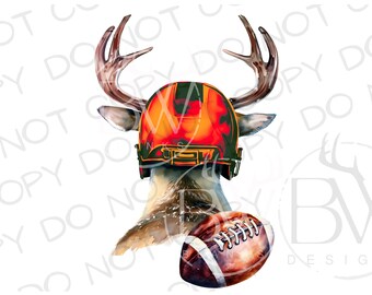 May include: Watercolor illustration of a deer wearing a football helmet with orange and green accents. A brown football is positioned below the deer's head. The image has a white background.