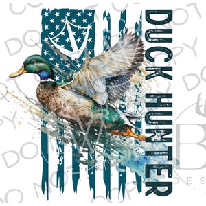 May include: A teal blue and white distressed American flag with a teal blue duck flying in front of it. The text "DUCK HUNTER" is written vertically on the right side of the image.