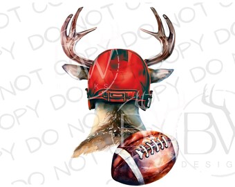 May include: Watercolor illustration of a deer wearing a red football helmet with the letters "KS" and holding a football. The deer has large antlers and is set against a white background. The image has a rustic, sporty theme.
