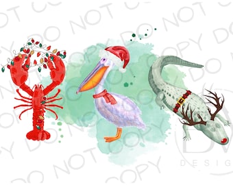 May include: A watercolor illustration of a lobster wearing a Christmas light garland, a pelican wearing a Santa hat and a red scarf, and an alligator wearing a Santa belt and reindeer antlers. The animals are on a green watercolor background.