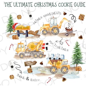 May include: A watercolor illustration of a Christmas cookie guide with construction vehicles. The guide shows the steps for making cookies, including gathering ingredients, mixing, and baking. The text reads "The Ultimate Christmas Cookie Guide", "Gather Ingredients", "Mix Together", "Cookie Dough", "Cookie Factory", and "Bake & Enjoy..."