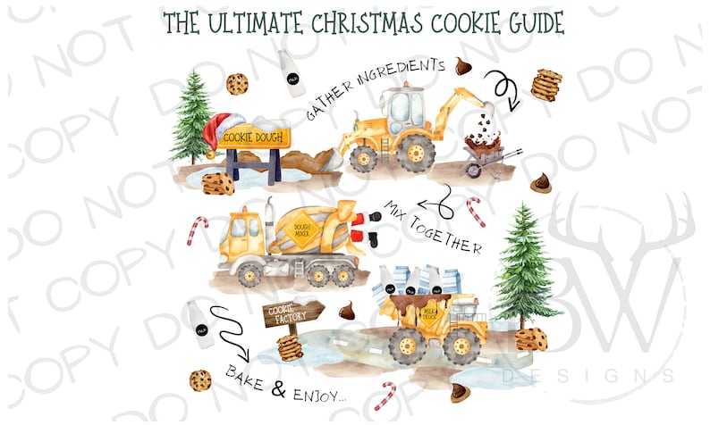 May include: A watercolor illustration of a Christmas cookie guide with construction vehicles. The guide shows the steps for making cookies, including gathering ingredients, mixing, and baking. The text reads "The Ultimate Christmas Cookie Guide", "Gather Ingredients", "Mix Together", "Cookie Dough", "Cookie Factory", and "Bake & Enjoy..."