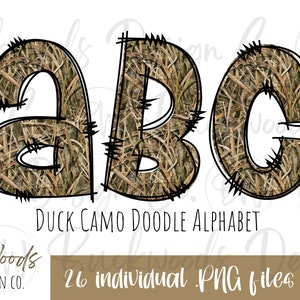 May include: A set of three letters, A, B, and C, in a duck camo pattern. The letters are outlined in black and have a doodle-like style. The text "Duck Camo Doodle Alphabet" is below the letters. The text "26 individual PNG files included" is below the alphabet.