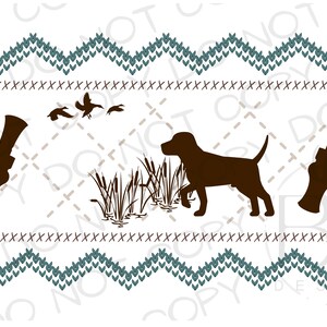 May include: A brown silhouette of a dog pointing towards a patch of reeds with three ducks flying overhead. The image is set against a background of a blue and white knitted pattern.