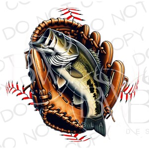May include: A brown leather baseball glove with red stitching holds a largemouth bass fish. The glove is on a white background with a red and white baseball seam pattern.