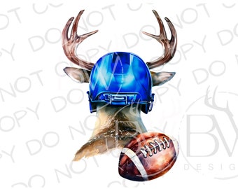 May include: Watercolor illustration of a deer wearing a blue football helmet and holding a football. The deer has large antlers and a brown and white coat. The football is brown with white stripes.