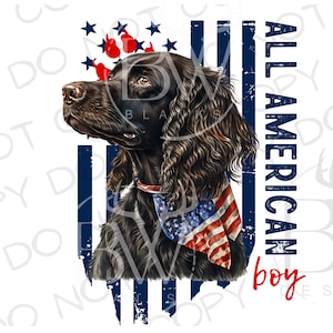 May include: A brown and black dog with a red, white, and blue bandana is in front of an American flag with the text "ALL AMERICAN boy".