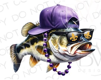 May include: A cartoon bass fish wearing a purple baseball cap, sunglasses with fleur-de-lis designs, and a purple beaded necklace.